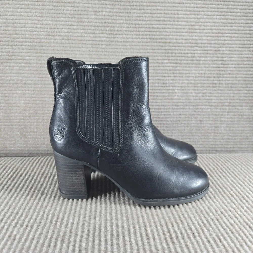 Timberland Womens‎ 6W Black Leather Block Heel Chelsea Ankle Boots A1979